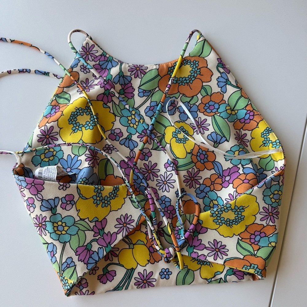 ZARA Floral Crop Top Strappy Back Tie - Picture 3 of 5